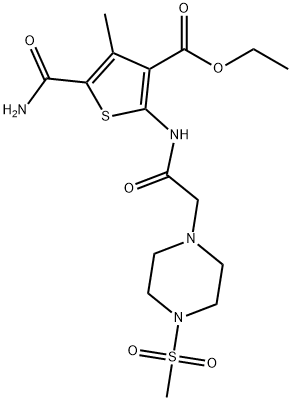 ethyl 5-carbamoyl-4-methyl-2-(2-(4-(methylsulfonyl)piperazin-1-yl)acetamido)thiophene-3-carboxylate Struktur