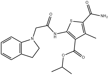 isopropyl 5-carbamoyl-2-(2-(indolin-1-yl)acetamido)-4-methylthiophene-3-carboxylate Struktur