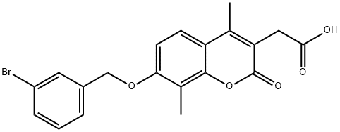 2-(7-((3-bromobenzyl)oxy)-4,8-dimethyl-2-oxo-2H-chromen-3-yl)acetic acid Struktur