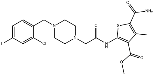 methyl 5-carbamoyl-2-(2-(4-(2-chloro-4-fluorobenzyl)piperazin-1-yl)acetamido)-4-methylthiophene-3-carboxylate Struktur