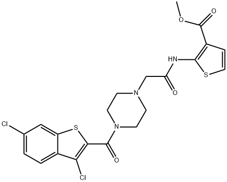 methyl 2-(2-(4-(3,6-dichlorobenzo[b]thiophene-2-carbonyl)piperazin-1-yl)acetamido)thiophene-3-carboxylate Struktur