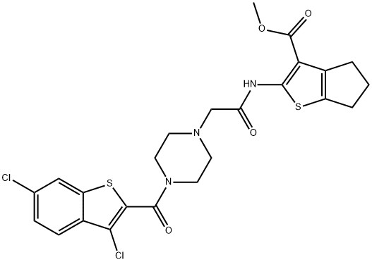 methyl 2-(2-(4-(3,6-dichlorobenzo[b]thiophene-2-carbonyl)piperazin-1-yl)acetamido)-5,6-dihydro-4H-cyclopenta[b]thiophene-3-carboxylate Struktur