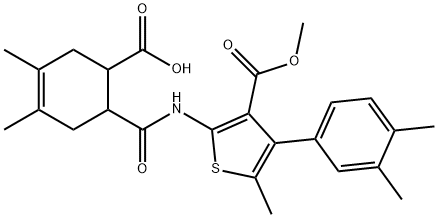 6-((4-(3,4-dimethylphenyl)-3-(methoxycarbonyl)-5-methylthiophen-2-yl)carbamoyl)-3,4-dimethylcyclohex-3-enecarboxylic acid Struktur