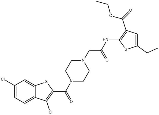 ethyl 2-(2-(4-(3,6-dichlorobenzo[b]thiophene-2-carbonyl)piperazin-1-yl)acetamido)-5-ethylthiophene-3-carboxylate Struktur