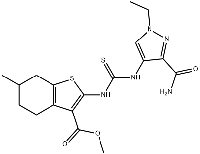 methyl 2-(3-(3-carbamoyl-1-ethyl-1H-pyrazol-4-yl)thioureido)-6-methyl-4,5,6,7-tetrahydrobenzo[b]thiophene-3-carboxylate Struktur