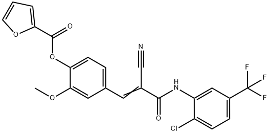 (E)-4-(3-((2-chloro-5-(trifluoromethyl)phenyl)amino)-2-cyano-3-oxoprop-1-en-1-yl)-2-methoxyphenyl furan-2-carboxylate Struktur