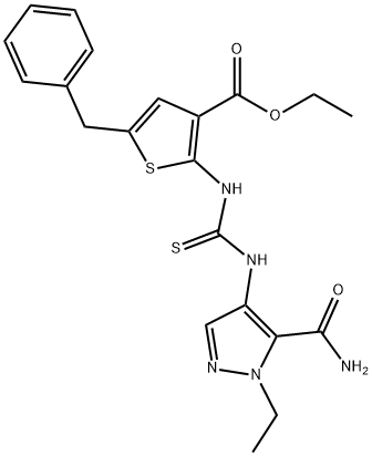 ethyl 5-benzyl-2-(3-(5-carbamoyl-1-ethyl-1H-pyrazol-4-yl)thioureido)thiophene-3-carboxylate Struktur