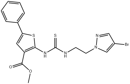 methyl 2-(3-(2-(4-bromo-1H-pyrazol-1-yl)ethyl)thioureido)-5-phenylthiophene-3-carboxylate Struktur