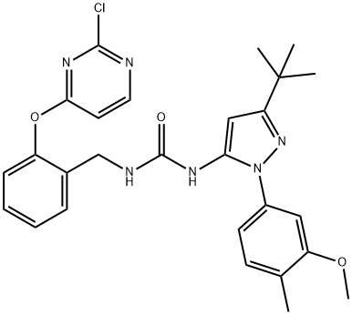 1-(3-(tert-Butyl)-1-(3-methoxy-4-methylphenyl)-1H-pyrazol-5-yl)-3-(2-((2-chloropyrimidin-4-yl)oxy)benzyl)urea Struktur