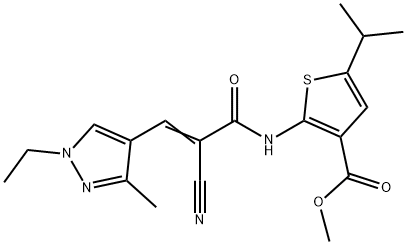 (E)-methyl 2-(2-cyano-3-(1-ethyl-3-methyl-1H-pyrazol-4-yl)acrylamido)-5-isopropylthiophene-3-carboxylate Struktur