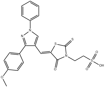 (Z)-2-(5-((3-(4-methoxyphenyl)-1-phenyl-1H-pyrazol-4-yl)methylene)-4-oxo-2-thioxothiazolidin-3-yl)ethanesulfonic acid Struktur