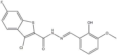 (E)-3-chloro-6-fluoro-N'-(2-hydroxy-3-methoxybenzylidene)benzo[b]thiophene-2-carbohydrazide Struktur