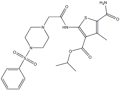 isopropyl 5-carbamoyl-4-methyl-2-(2-(4-(phenylsulfonyl)piperazin-1-yl)acetamido)thiophene-3-carboxylate Struktur