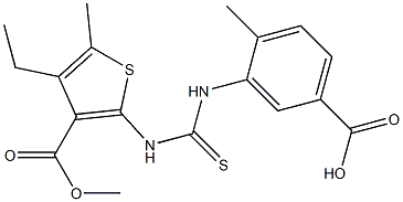 3-(3-(4-ethyl-3-(methoxycarbonyl)-5-methylthiophen-2-yl)thioureido)-4-methylbenzoic acid Struktur