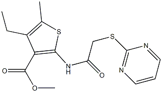 methyl 4-ethyl-5-methyl-2-(2-(pyrimidin-2-ylthio)acetamido)thiophene-3-carboxylate Struktur