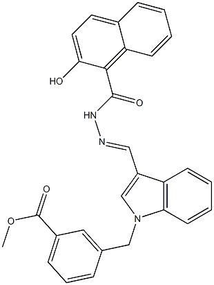 (E)-methyl 3-((3-((2-(2-hydroxy-1-naphthoyl)hydrazono)methyl)-1H-indol-1-yl)methyl)benzoate Struktur