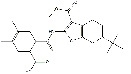 6-((3-(methoxycarbonyl)-6-(tert-pentyl)-4,5,6,7-tetrahydrobenzo[b]thiophen-2-yl)carbamoyl)-3,4-dimethylcyclohex-3-enecarboxylic acid Struktur