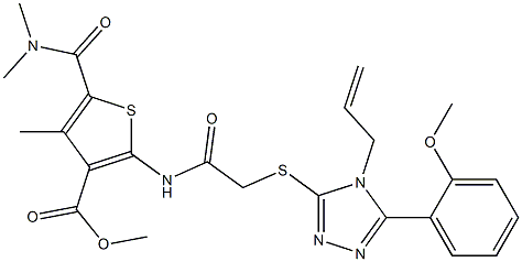 methyl 2-(2-((4-allyl-5-(2-methoxyphenyl)-4H-1,2,4-triazol-3-yl)thio)acetamido)-5-(dimethylcarbamoyl)-4-methylthiophene-3-carboxylate Struktur