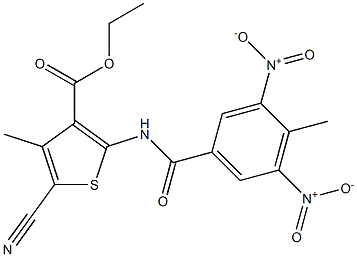 ethyl 5-cyano-4-methyl-2-(4-methyl-3,5-dinitrobenzamido)thiophene-3-carboxylate Struktur