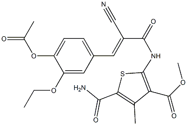 (E)-methyl 2-(3-(4-acetoxy-3-ethoxyphenyl)-2-cyanoacrylamido)-5-carbamoyl-4-methylthiophene-3-carboxylate Struktur