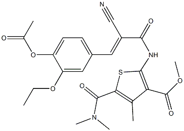 (E)-methyl 2-(3-(4-acetoxy-3-ethoxyphenyl)-2-cyanoacrylamido)-5-(dimethylcarbamoyl)-4-methylthiophene-3-carboxylate Struktur