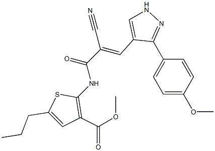 (E)-methyl 2-(2-cyano-3-(3-(4-methoxyphenyl)-1H-pyrazol-4-yl)acrylamido)-5-propylthiophene-3-carboxylate Struktur