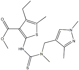 methyl 2-(3-((1,3-dimethyl-1H-pyrazol-4-yl)methyl)-3-methylthioureido)-4-ethyl-5-methylthiophene-3-carboxylate Struktur