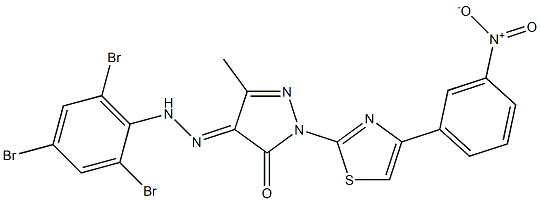 5-methyl-2-[4-(3-nitrophenyl)-1,3-thiazol-2-yl]-4-[(2,4,6-tribromophenyl)hydrazono]-2,4-dihydro-3H-pyrazol-3-one Struktur