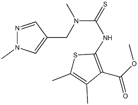 methyl 4,5-dimethyl-2-(3-methyl-3-((1-methyl-1H-pyrazol-4-yl)methyl)thioureido)thiophene-3-carboxylate Struktur