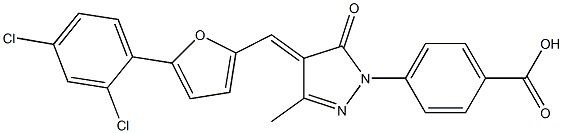 (E)-4-(4-((5-(2,4-dichlorophenyl)furan-2-yl)methylene)-3-methyl-5-oxo-4,5-dihydro-1H-pyrazol-1-yl)benzoic acid Struktur