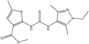 methyl 2-(3-(1-ethyl-3,5-dimethyl-1H-pyrazol-4-yl)thioureido)-5-methylthiophene-3-carboxylate Struktur