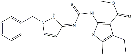 methyl 2-(3-(1-benzyl-1H-pyrazol-3(2H)-ylidene)thioureido)-4-ethyl-5-methylthiophene-3-carboxylate Struktur