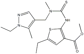 methyl 5-ethyl-2-(3-((1-ethyl-5-methyl-1H-pyrazol-4-yl)methyl)-3-methylthioureido)thiophene-3-carboxylate Struktur