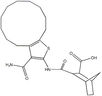 3-({[3-(aminocarbonyl)-4,5,6,7,8,9,10,11,12,13-decahydrocyclododeca[b]thien-2-yl]amino}carbonyl)bicyclo[2.2.1]heptane-2-carboxylic acid Struktur