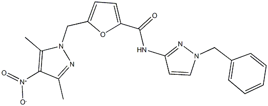 N-(1-benzyl-1H-pyrazol-3-yl)-5-({4-nitro-3,5-dimethyl-1H-pyrazol-1-yl}methyl)-2-furamide Struktur