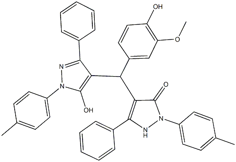 4-{(4-hydroxy-3-methoxyphenyl)[5-hydroxy-1-(4-methylphenyl)-3-phenyl-1H-pyrazol-4-yl]methyl}-2-(4-methylphenyl)-5-phenyl-1,2-dihydro-3H-pyrazol-3-one Struktur