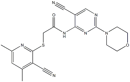 2-[(3-cyano-4,6-dimethyl-2-pyridinyl)sulfanyl]-N-[5-cyano-2-(4-morpholinyl)-4-pyrimidinyl]acetamide Struktur