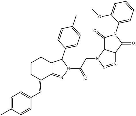 5-(2-methoxyphenyl)-1-{2-[7-(4-methylbenzylidene)-3-(4-methylphenyl)-3,3a,4,5,6,7-hexahydro-2H-indazol-2-yl]-2-oxoethyl}-3a,6a-dihydropyrrolo[3,4-d][1,2,3]triazole-4,6(1H,5H)-dione Struktur