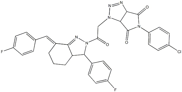 5-(4-chlorophenyl)-1-{2-[7-(4-fluorobenzylidene)-3-(4-fluorophenyl)-3,3a,4,5,6,7-hexahydro-2H-indazol-2-yl]-2-oxoethyl}-3a,6a-dihydropyrrolo[3,4-d][1,2,3]triazole-4,6(1H,5H)-dione Struktur