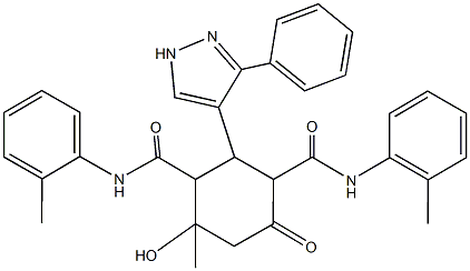 4-hydroxy-4-methyl-N~1~,N~3~-bis(2-methylphenyl)-6-oxo-2-(3-phenyl-1H-pyrazol-4-yl)-1,3-cyclohexanedicarboxamide Struktur