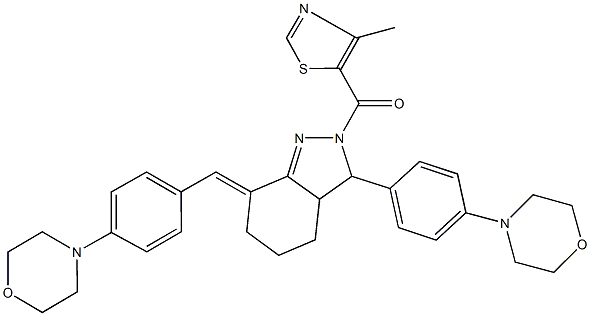 2-[(4-methyl-1,3-thiazol-5-yl)carbonyl]-7-[4-(4-morpholinyl)benzylidene]-3-[4-(4-morpholinyl)phenyl]-3,3a,4,5,6,7-hexahydro-2H-indazole Struktur