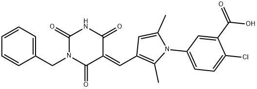 5-{3-[(1-benzyl-2,4,6-trioxotetrahydro-5(2H)-pyrimidinylidene)methyl]-2,5-dimethyl-1H-pyrrol-1-yl}-2-chlorobenzoic acid Struktur