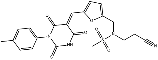 N-(2-cyanoethyl)-N-({5-[(1-(4-methylphenyl)-4,6-dioxo-2-thioxotetrahydro-5(2H)-pyrimidinylidene)methyl]-2-furyl}methyl)methanesulfonamide Struktur