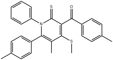 [5-methyl-6-(4-methylphenyl)-4-(methylsulfanyl)-1-phenyl-2-thioxo-1,2-dihydro-3-pyridinyl](4-methylphenyl)methanone Struktur