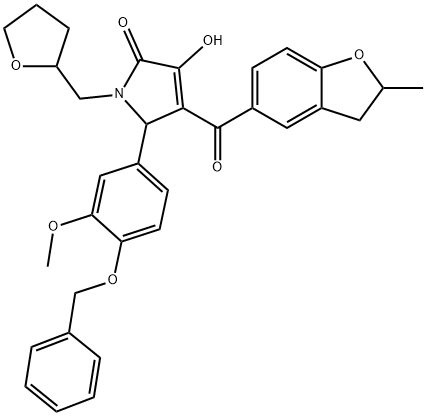 5-[4-(benzyloxy)-3-methoxyphenyl]-3-hydroxy-4-[(2-methyl-2,3-dihydro-1-benzofuran-5-yl)carbonyl]-1-(tetrahydro-2-furanylmethyl)-1,5-dihydro-2H-pyrrol-2-one Struktur