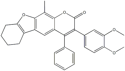 3-(3,4-dimethoxyphenyl)-11-methyl-4-phenyl-6,7,8,9-tetrahydro-2H-[1]benzofuro[3,2-g]chromen-2-one Struktur