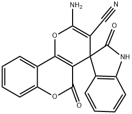 2-amino-1',3'dihydro-2',5-dioxospiro(4H,5H-pyrano[3,2-c]chromene-4,3'-[2'H]-indole)-3-carbonitrile Struktur