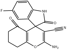 2-amino-5'-fluoro-3-cyano-2',5-dioxo-1',3',5,6,7,8-hexahydrospiro[4H-chromene-4,3'-(2'H)-indole) Struktur