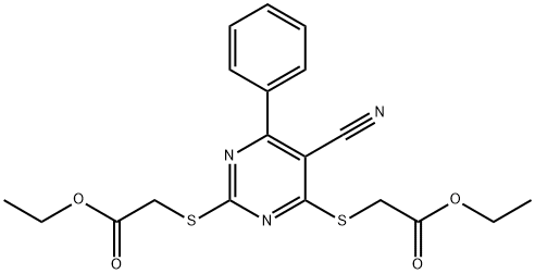 ethyl ({5-cyano-2-[(2-ethoxy-2-oxoethyl)sulfanyl]-6-phenyl-4-pyrimidinyl}sulfanyl)acetate Struktur