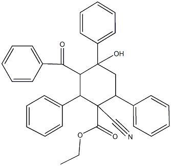 ethyl 3-benzoyl-1-cyano-4-hydroxy-2,4,6-triphenylcyclohexanecarboxylate Struktur